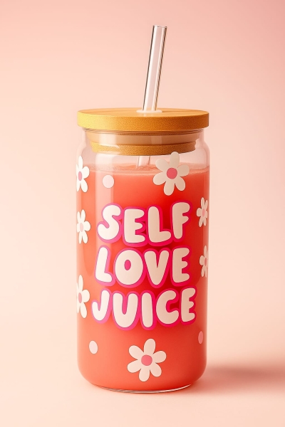 Trinkglas mit Deckel und Röhrchen 'self love juice'